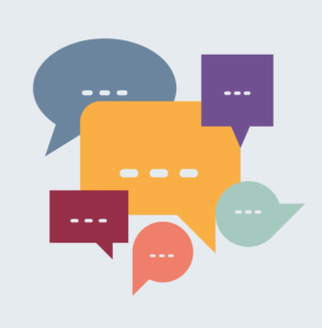 Colorful images of comment bubbles with dashes inside