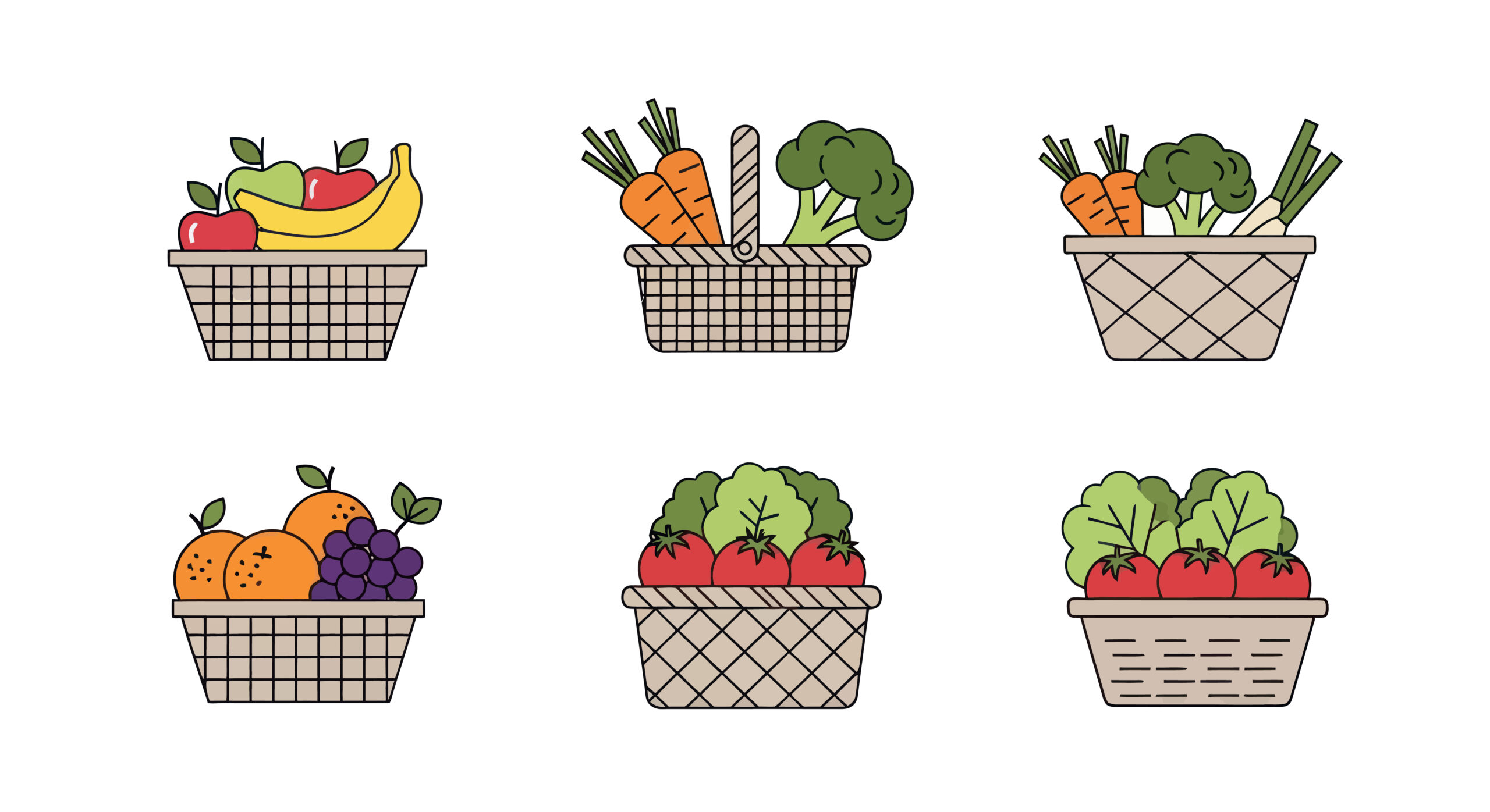 Colorful drawings of six baskets of food on a white background.