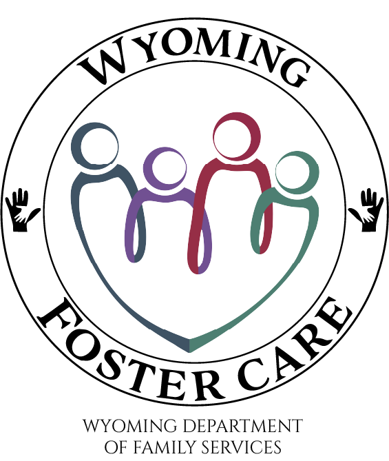 Wyoming Foster Care logo features a circle with hands, and the Department of Family Services logo inside the circle, which is a drawing of a family in the shape of a heart.