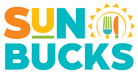 SUN Bucks logo is in orange and blue, with a drawing of a sun and of a fork