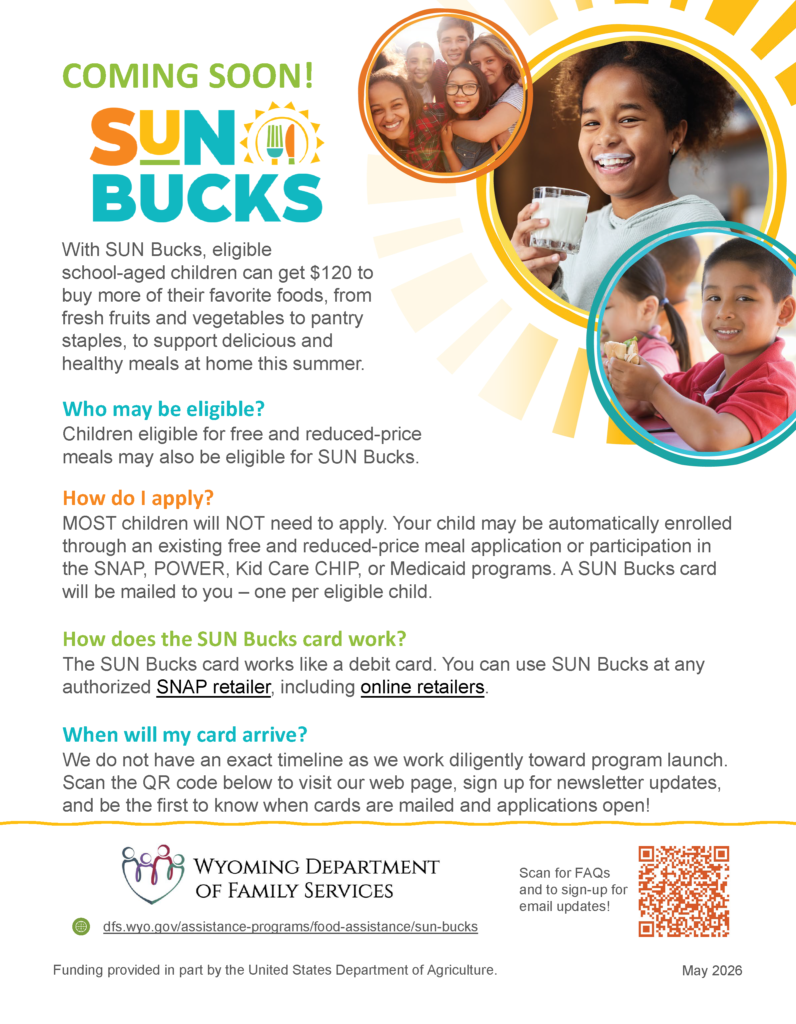Flyer with images of children and bright colors has the words "Coming soon, SUN Bucks!"