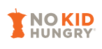 The logo for No Kid Hungry has an orange apple core and orange and gray words "NO KID Hungry"